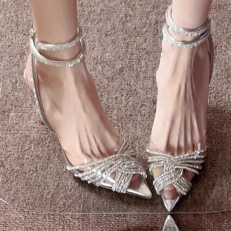 Transparent Cross Sparkling Rhinestones Pointed High Heels For Women