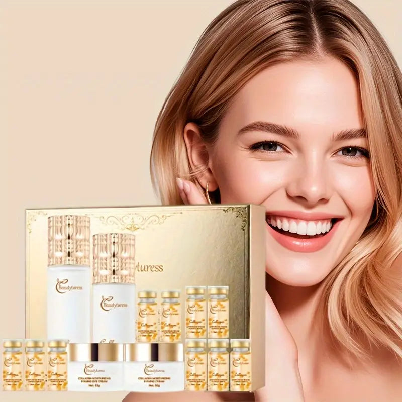 Luxury Collagen Skincare Set for for Sensitive Light Beige - 14pcs/ Set - with Collagen, Niacinamide, Hyaluronic Acid - Deep Moisturizing