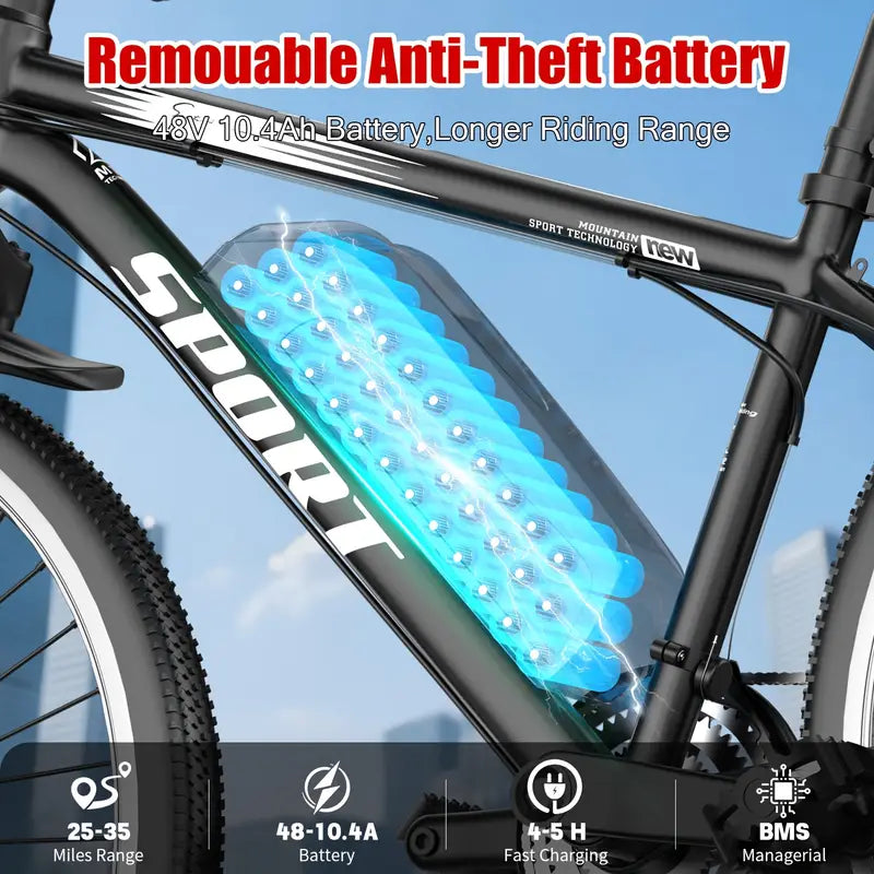 26-Inch Adult Electric Bicycle, Peak 740W Brushless Motor, 20MPH