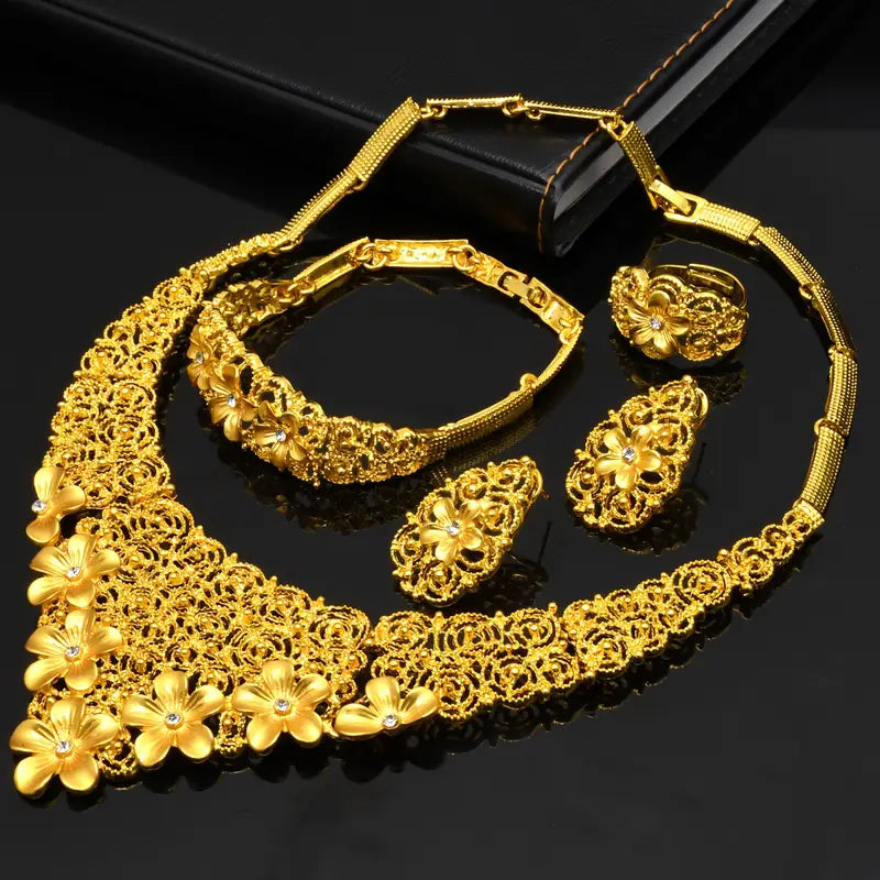 1 Necklace + 1 Bracelet + 1 Pair of Earrings + 1 Ring Luxury Style Bridal Jewelry Set Golden-Plated Floral Hollow Design