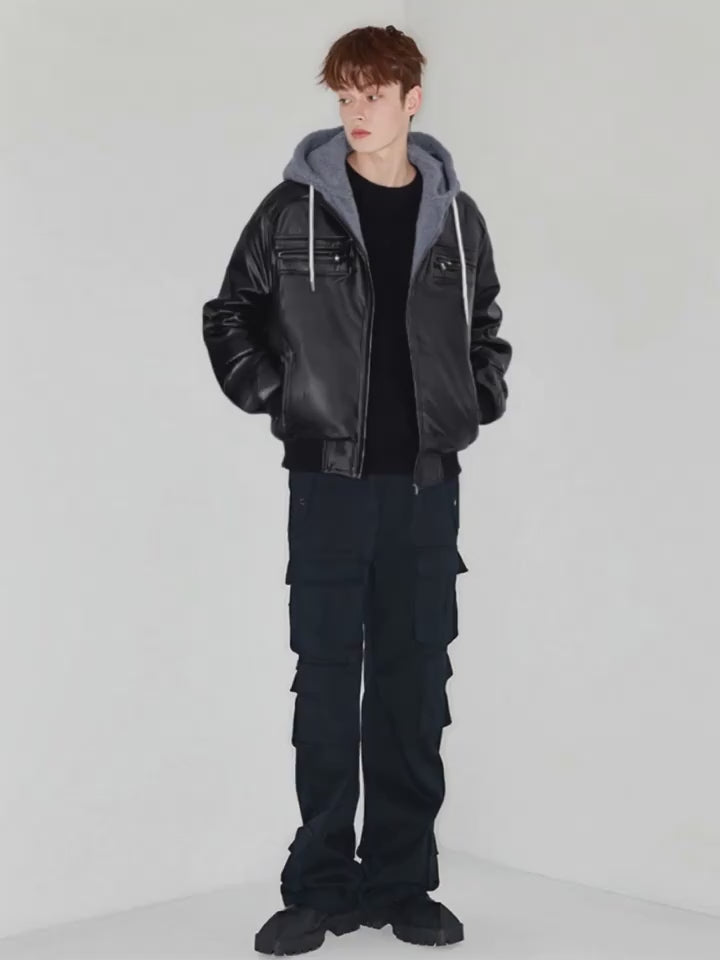 PU Leather Men’s Casual Stand Collar Zip-Up Motorcycle Bomber Jacket with Removable Hood