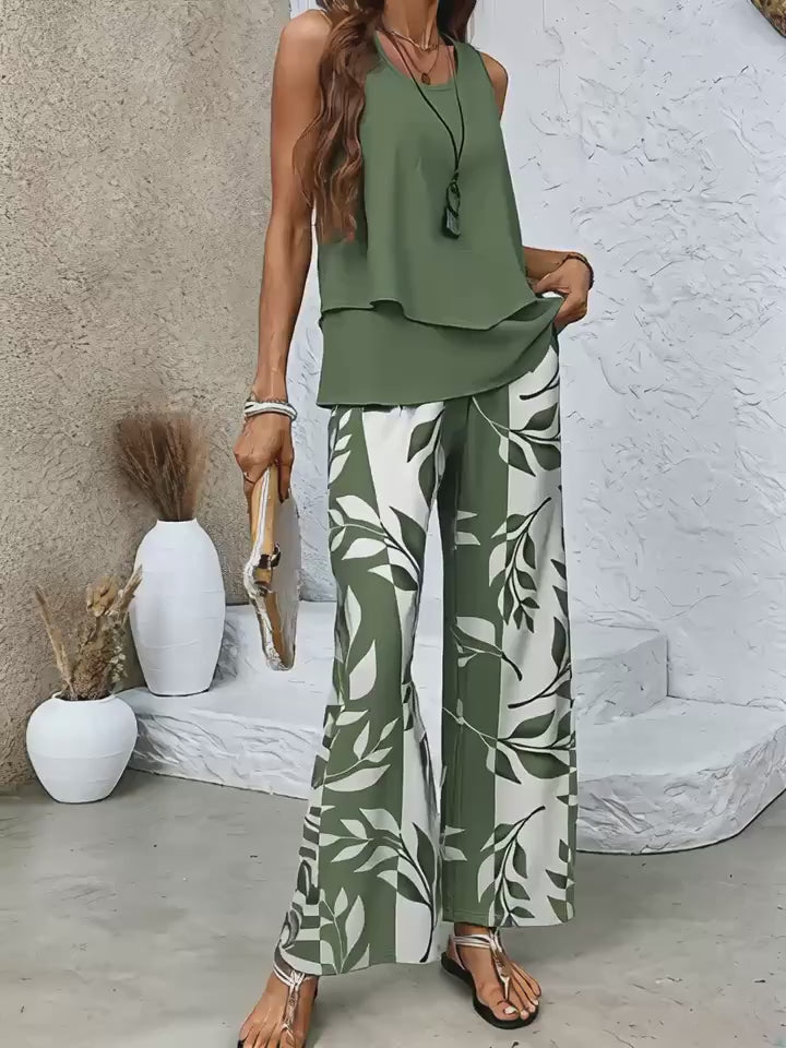 Casual Solid Color Sleeveless Top + Floral Print Wide-Leg Pants - Spring/Summer Fashion