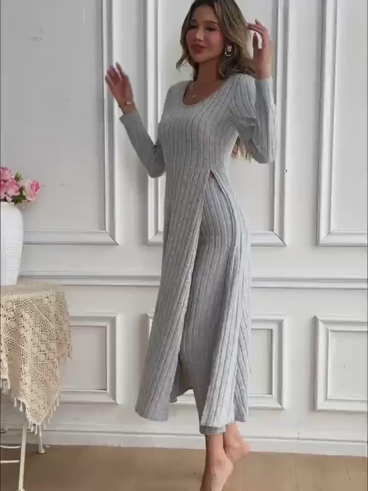 Two-piece Set of Ribbed Long-sleeved Top and Pants for Women