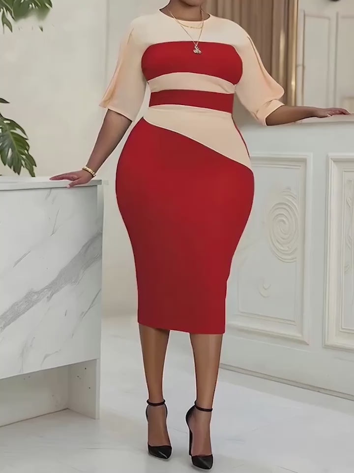 Color Block Crew Neck Dress, Elegant Half Sleeve Slim Dress