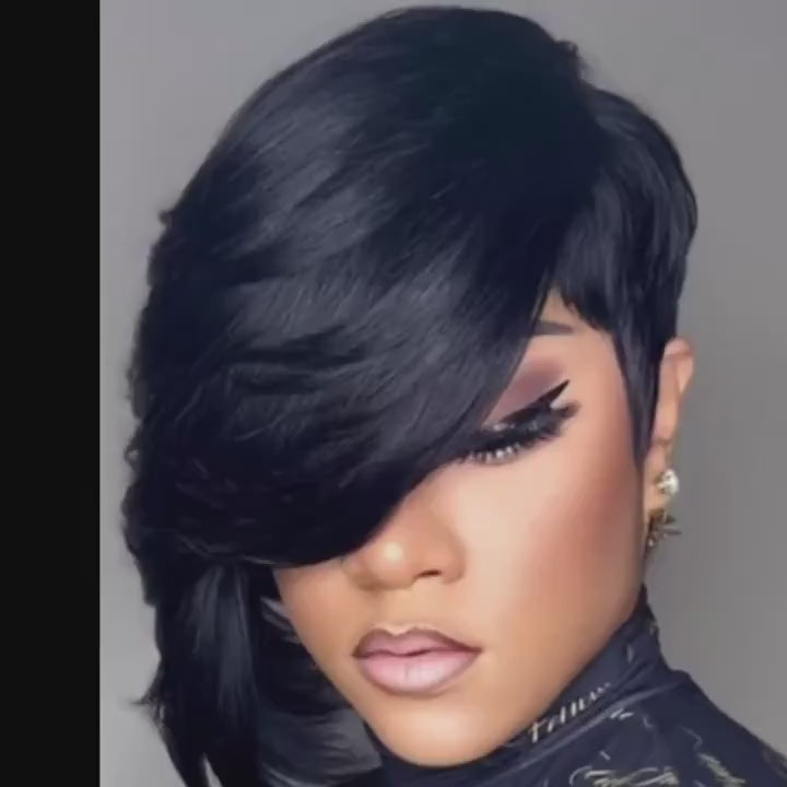 Short Pixie Cut Wig with Bangs 8 Inch Straight Virgin Layered Wigs Throw On and Go Glueless Wigs