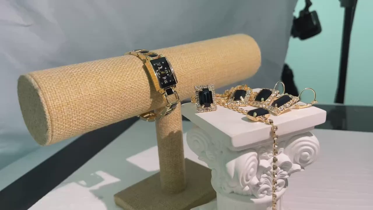 Fashionable small, fresh, retro and simple quartz watch + 5pcs set of black square jewelry set