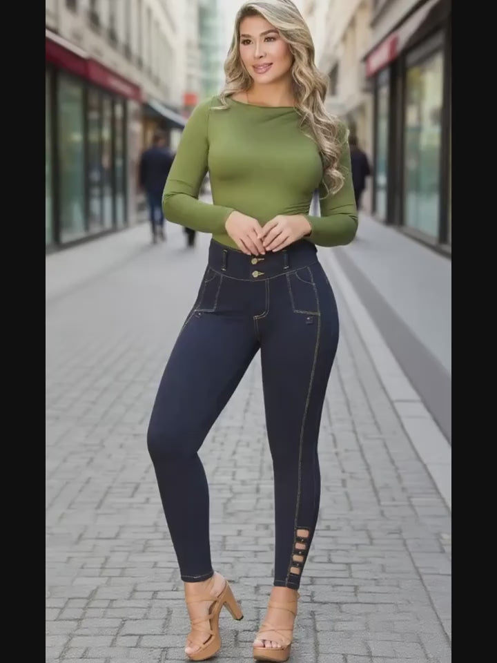 Women's High-Waisted Stretchy Slim-Fit Dark Blue Distressed-like Leg Jeans