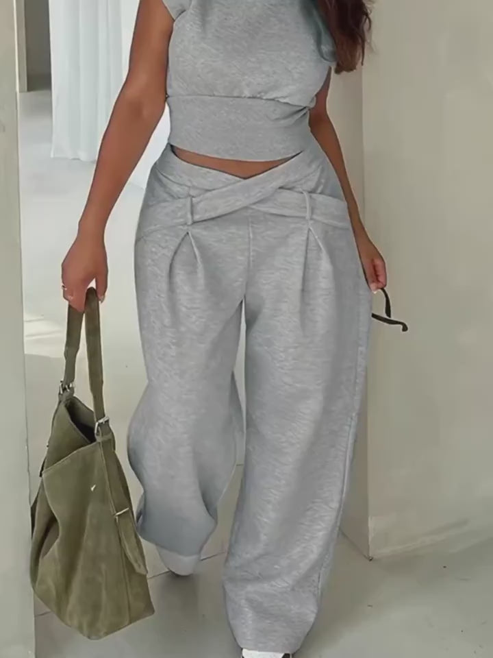 Long Sleeve Loose Top Polyester Blend Women'S Casual Solid Color Ribbed Pantsuit Set