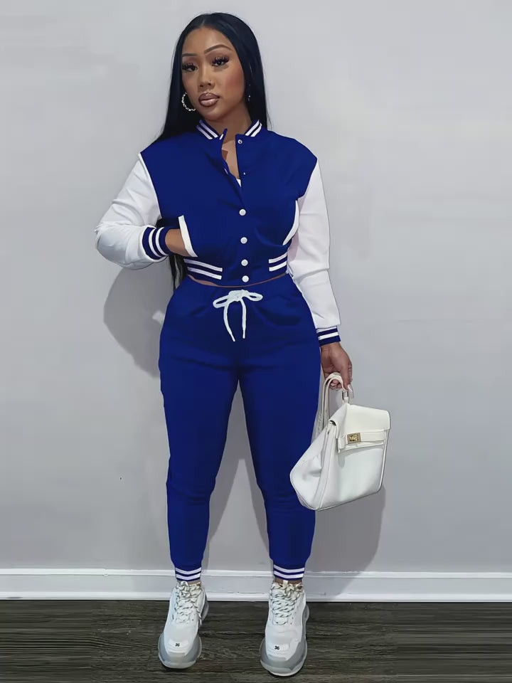 Women'S Baseball Jacket and Jumpsuit Set - Casual Two-Piece with Drawstring Waist, Button-Up Collar