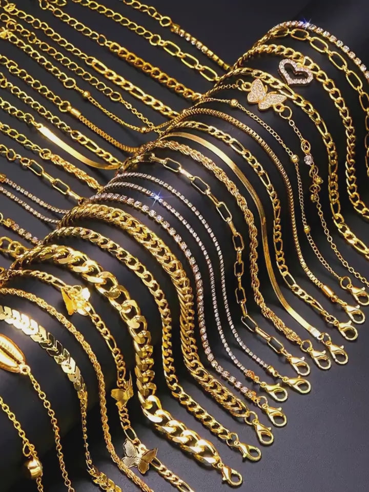 22pcs Vintage Rhinestone Metal Geometric Anklet Set - Multi-Layer Stacking Chain Style