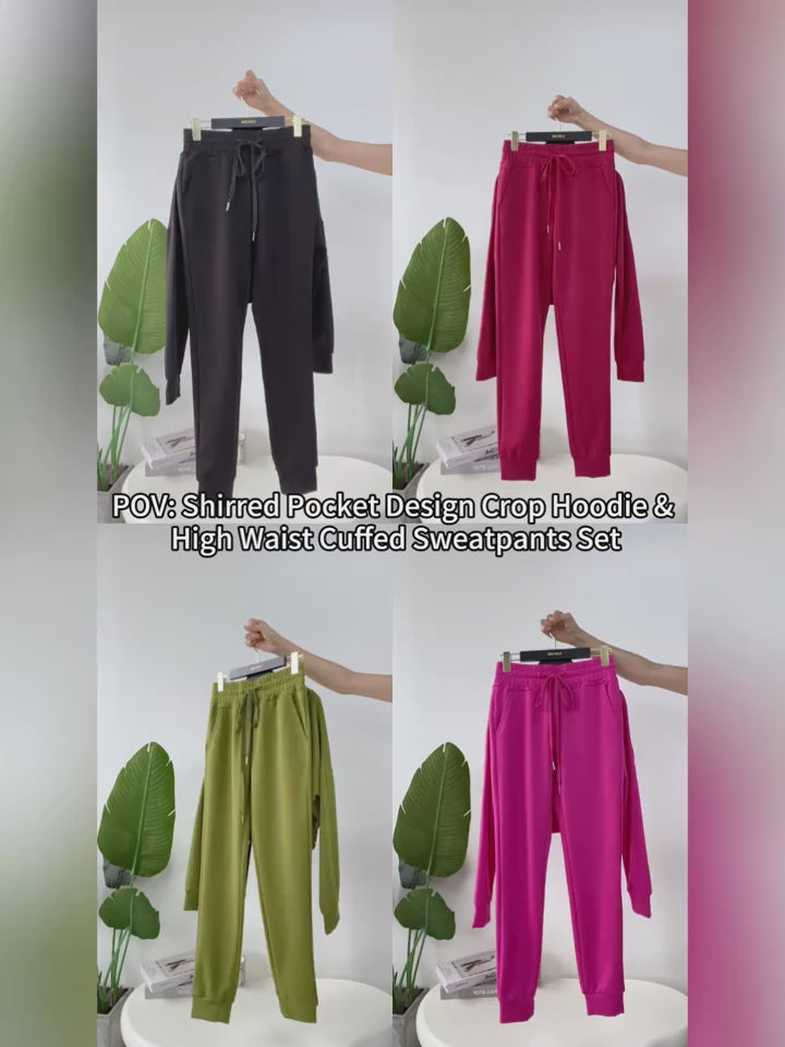 2 Piece Outfits Lounge Hoodie Shirred Waist Pocket Design Sweatshirt Cuffed Jogger Sweatpants Tracksuit