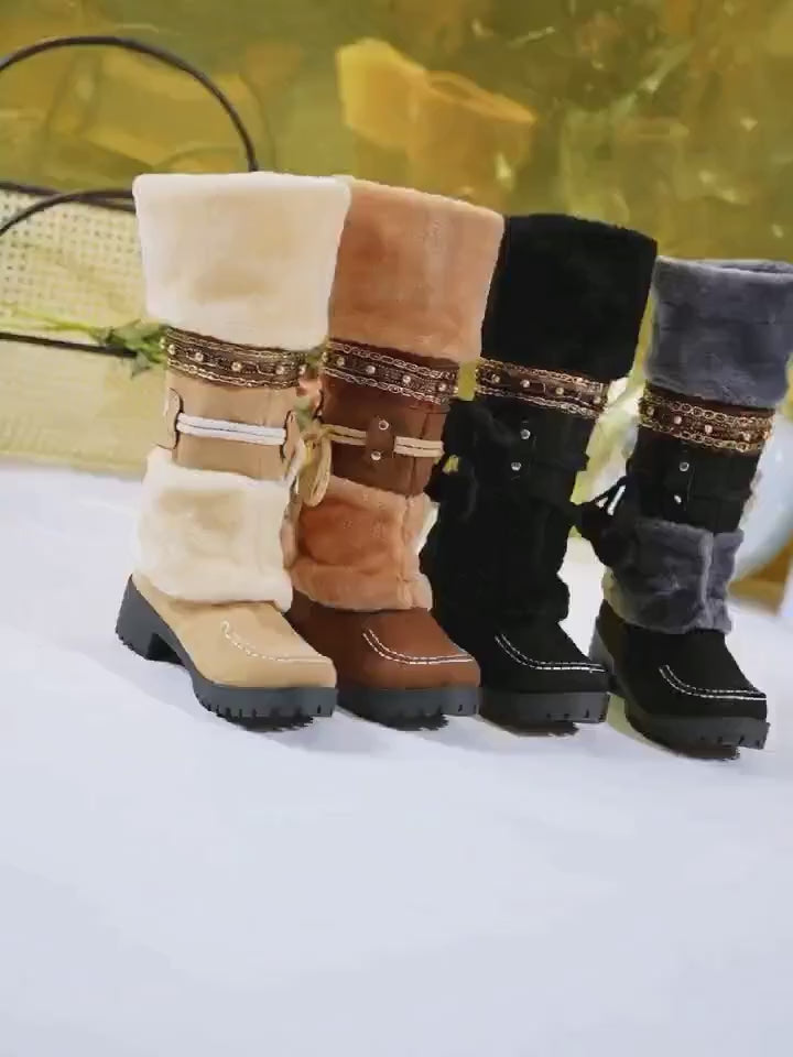 Women's Mid-Calf Boots, Autumn and Winter High Heel Ankle Boots with Faux Fur Lining