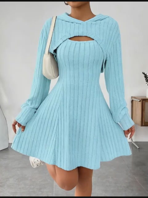 Ribbed Texture Two-Piece Set - Fashionable Short Top And Dress for Women