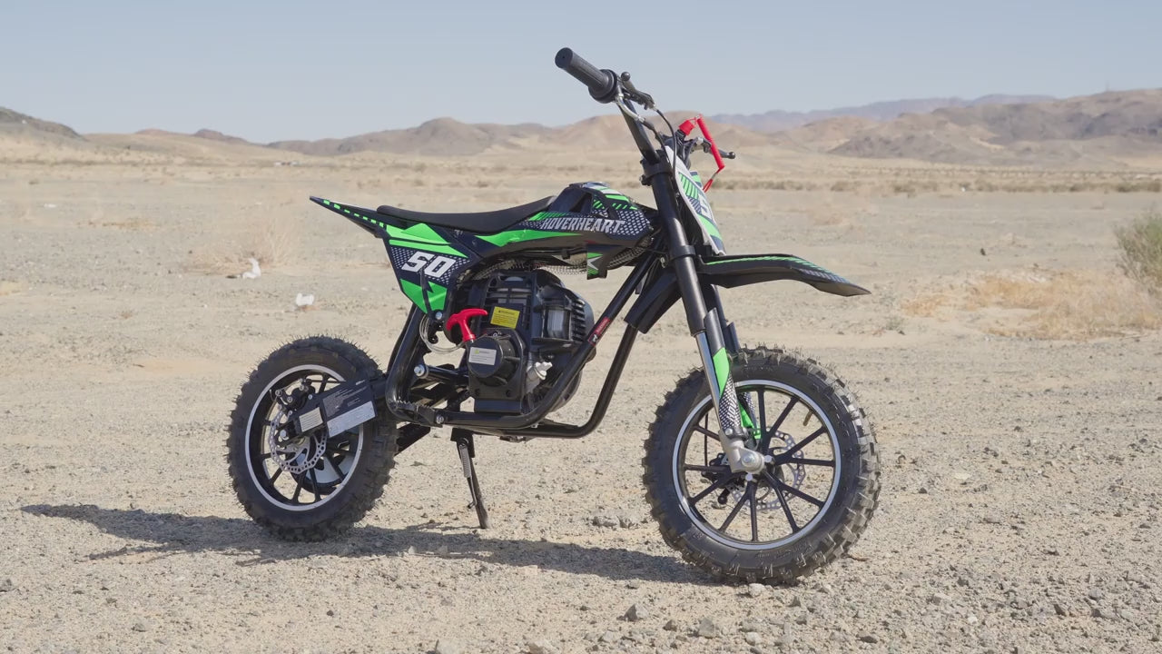 50cc 4-stroke gas motocross bike, motocross bike, top speed 25 mph, range 20 miles, disc brakes, 2.50-10 off-road tires, 165 lbs load capacity, pull start.