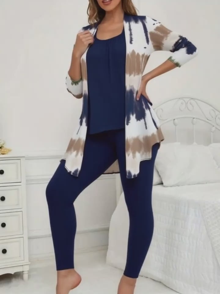 Printed Cardigan Jacket Women's Three-piece Suit with Solid Slacks Vest - Everyday Suit