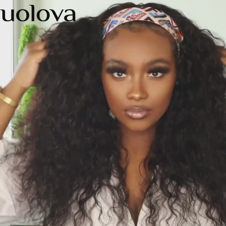 Headband Wig Human Hair Curly Headband Wigs for Human Hair Glueless None Lace Front Wigs Brazilian Virgin Hair Wig Machine Made 180% Density Natural Black Color Breathable