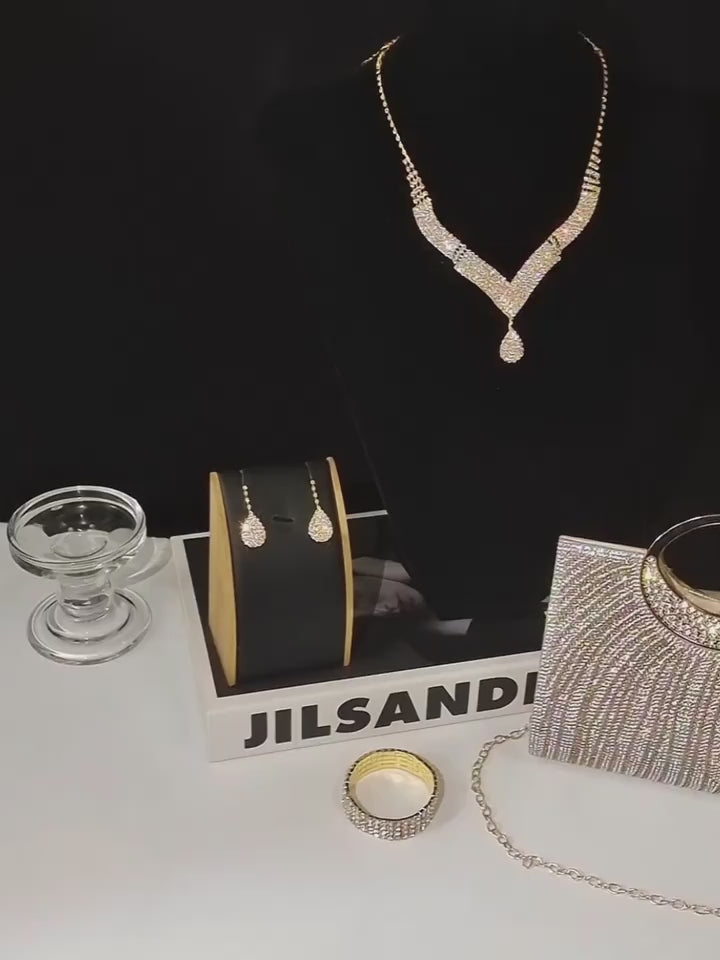 4pcs Set New Fashion Dinner Bag Sparkly Rhinestone Striped Tote Wedding Bridesmaid Bag