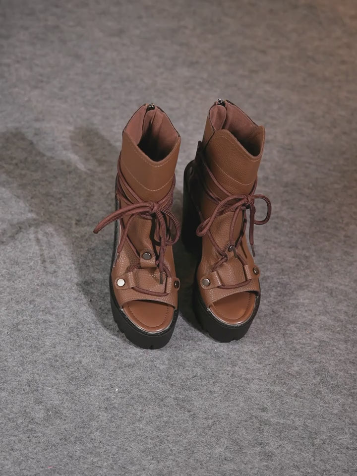 High Heel Block Microfiber Women's Fashion Retro Roman Open Toe Ankle Booties with Zip Closure