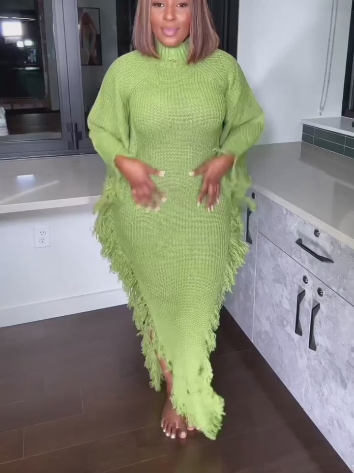 Fringe Trim Sweater Dress For Women, Batwing Long Sleeve High Neck Maxi Dress With Asymmetrical Hem