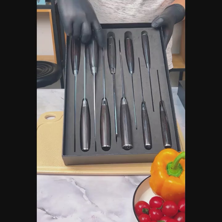 10pcs Mahogany Kitchen Chef Knife Set, 3.5-8 Inch, High Carbon Stainless Steel, Ergonomic Wooden Handle