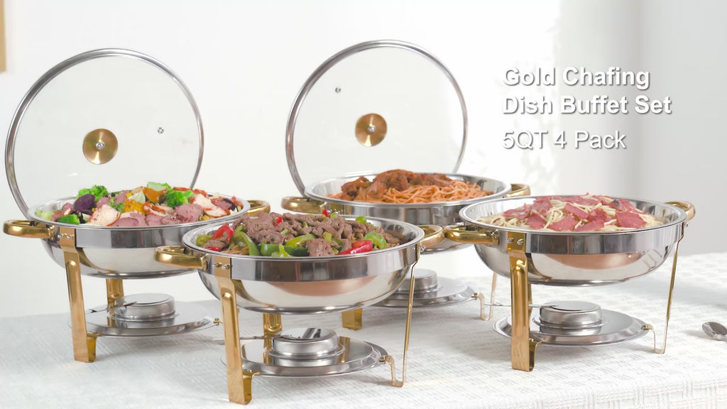 WARMOUNTS 2/4 Pack Golden & Silvery 5QT Chafing Dishes for Buffet with Glass Lid - Food-Grade Stainless Steel Chafers and Buffet Warmers with Lid Holder