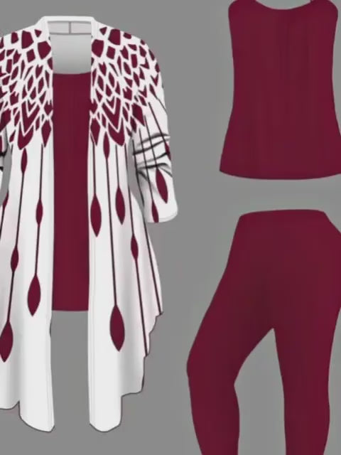 Women's 3pcs Collision Set: Geometric Print Cardigan, Sleeveless Vest And Solid Color Pant Set